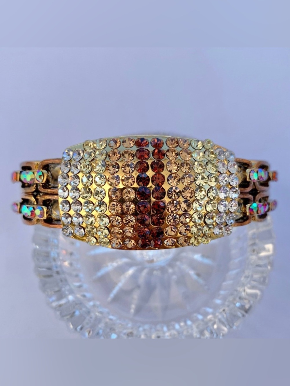 Aurora Borealis & Chocolate Brown Rhinestone Gold-Tone Clamper Bangle Bracelet